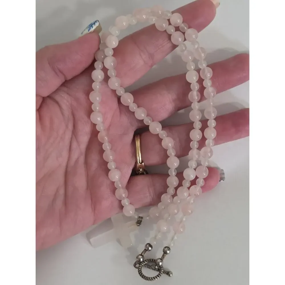 Rose Quartz Beaded Cross Pendant Necklace Silver Tone Toggle Clasp 22